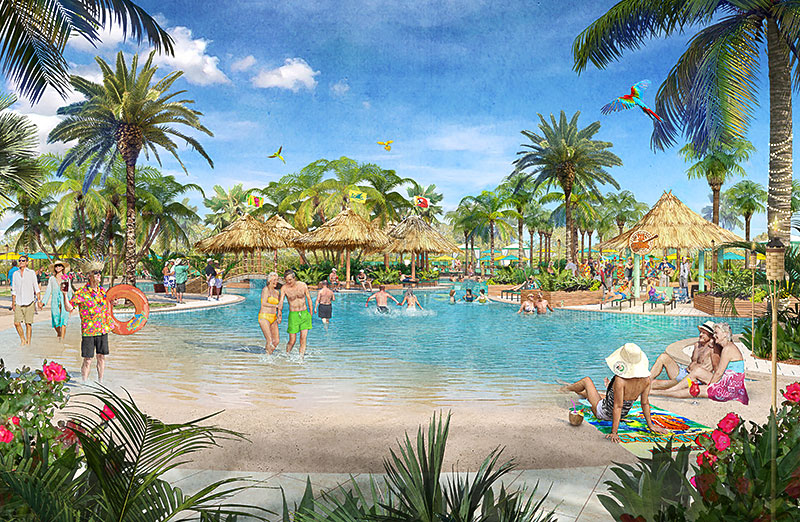 Residents gather around the island-inspired pool, cabanas and refreshment bars